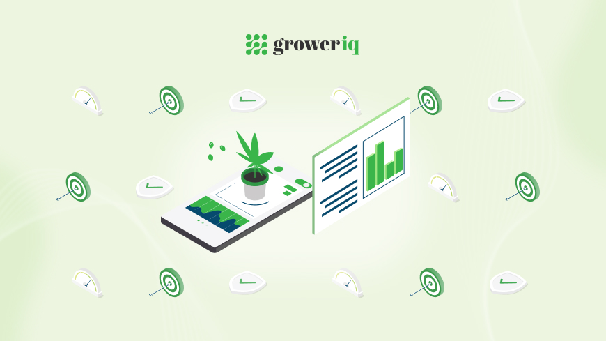 Illustration of a cannabis plant displayed on a smartphone screen alongside data analytics charts, representing GrowerIQ’s cultivation management system and rapid harvesting tool, with surrounding icons symbolizing monitoring and optimization.
