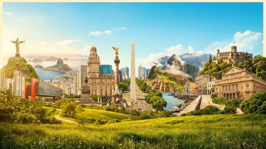 Cannabis Conferences Latin America 2026 - Regional Hub featuring iconic landmarks from Brazil, Argentina, Mexico, Colombia and Uruguay