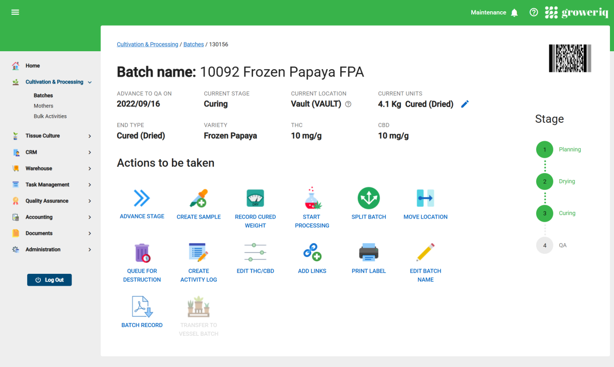 Government cannabis tracking - GrowerIQ batch detail with seed-to-sale traceability