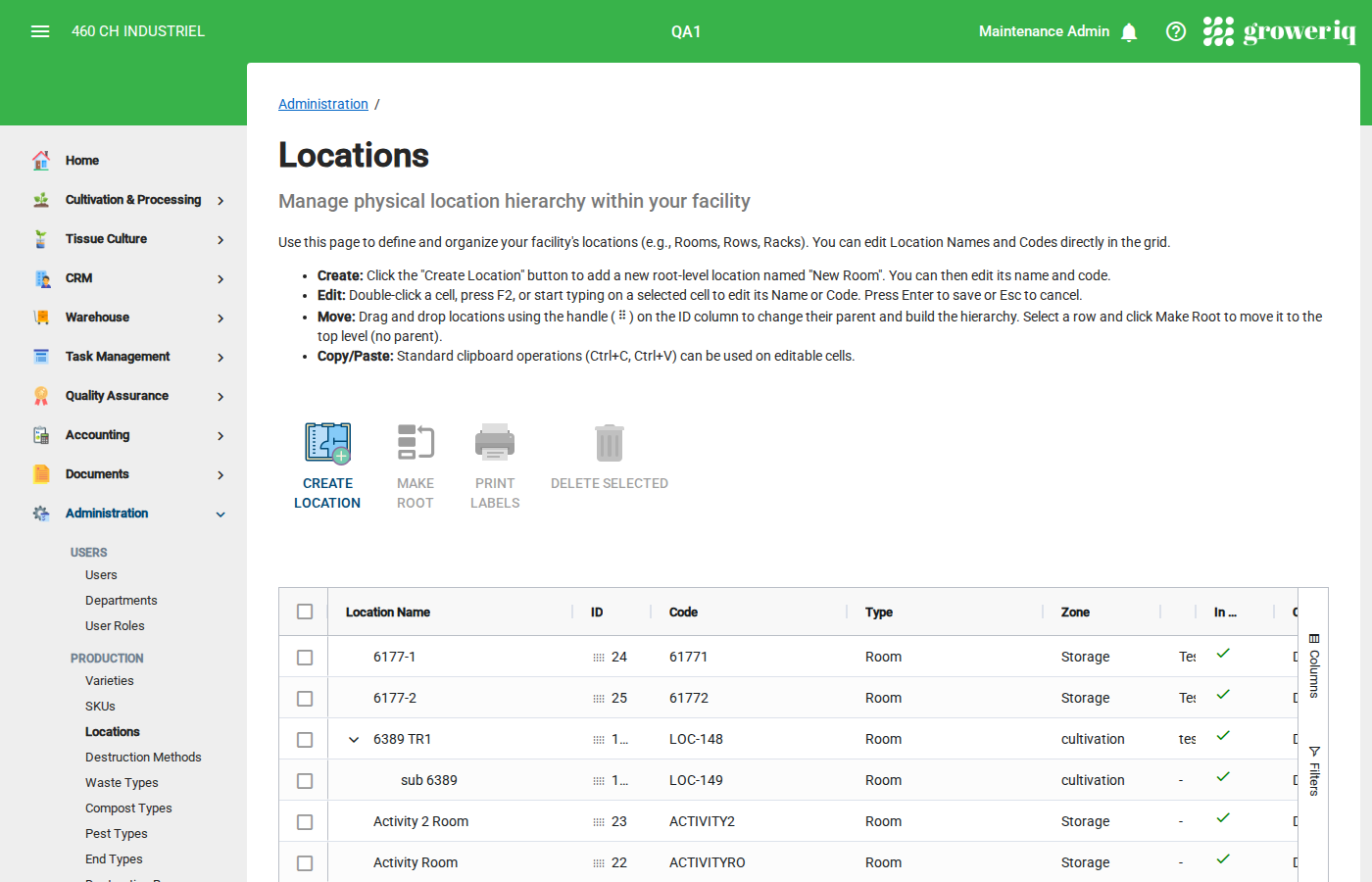 Hierarchical Locations management page showing nested sublocations with drag-and-drop organization