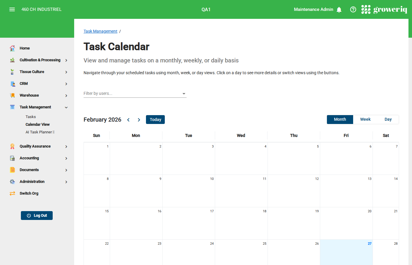 Task Calendar view showing scheduled tasks in month, week, and day layouts