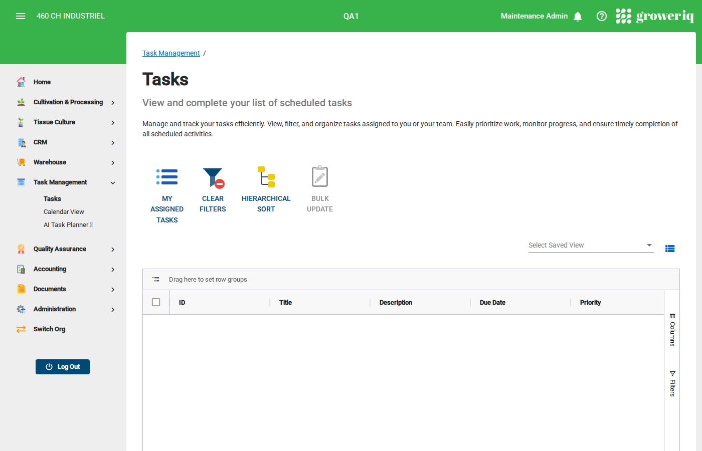 Tasks list view with status tracking, assignments, and priority indicators