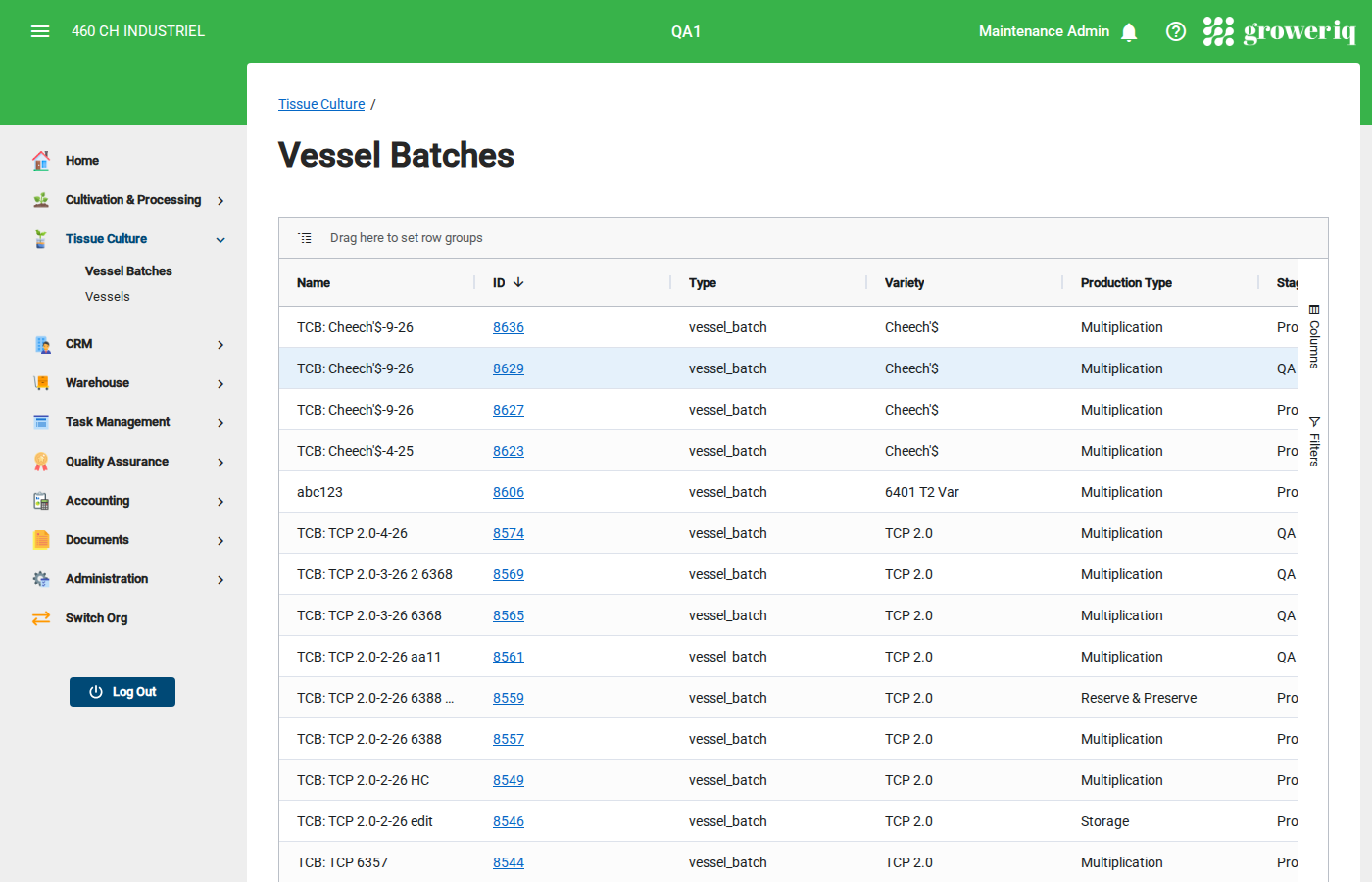 Vessel Batches grid showing batch details, variety, production type, and vessel counts