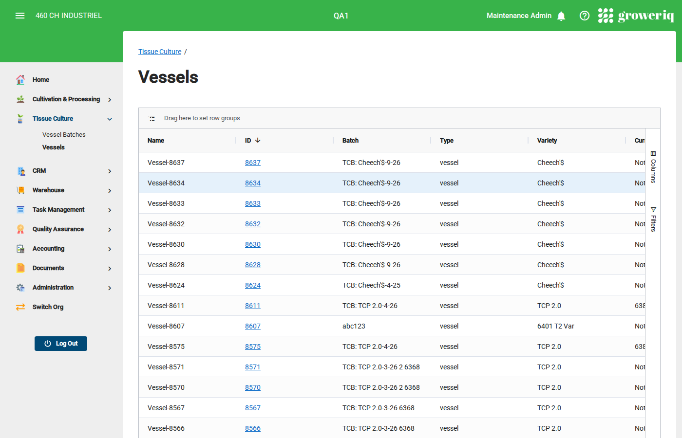 Vessels list showing individual vessel details, health indicators, and stage tracking