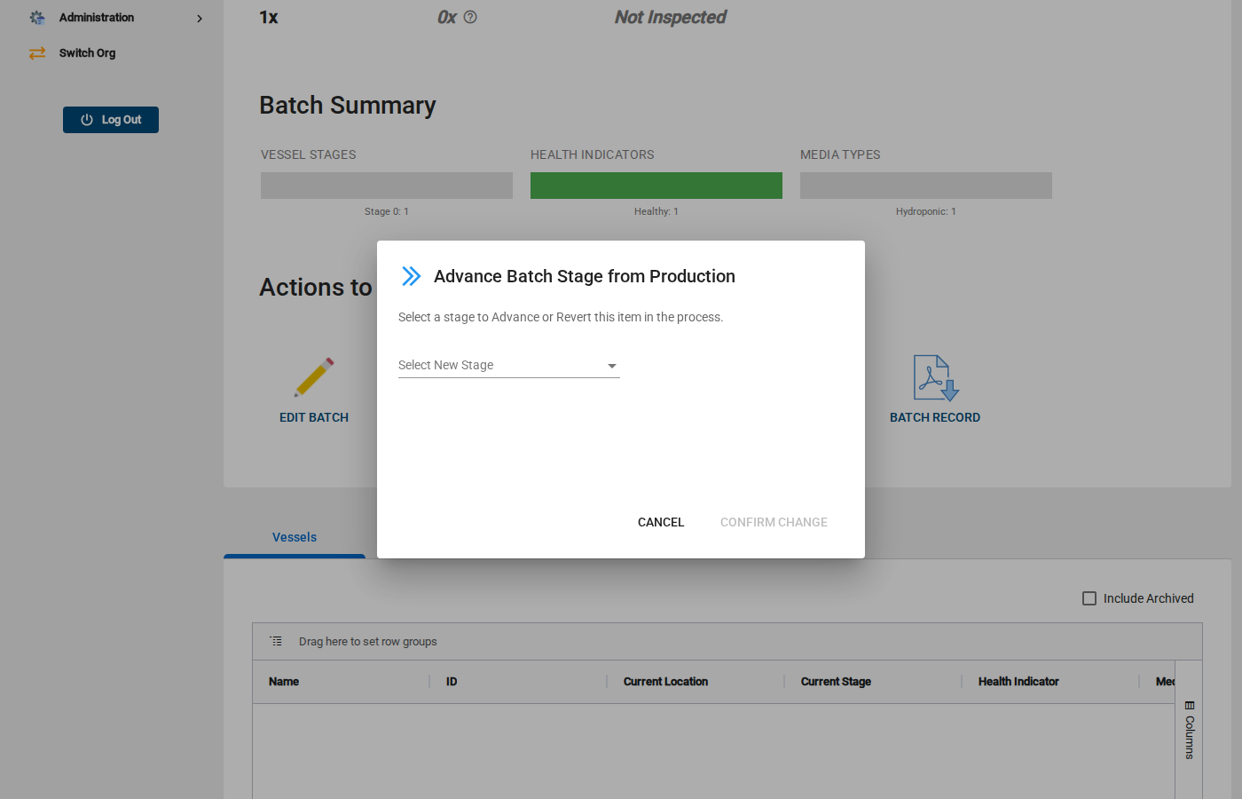 Step 5: Click Advance Stage and select the new stage for the batch