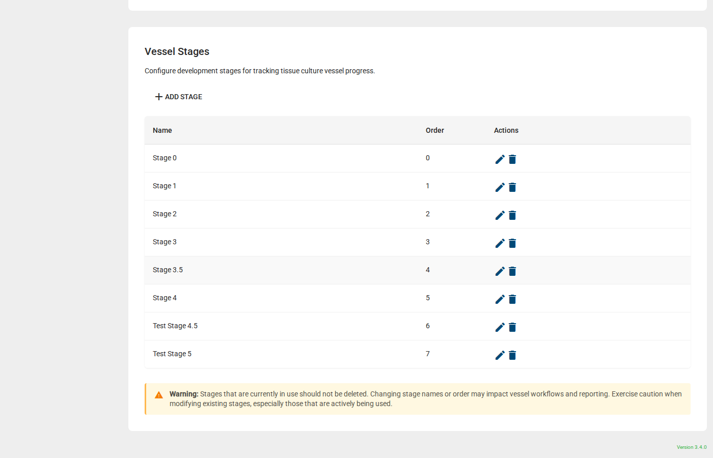 Step 6: Vessel Stages showing Name and Order columns