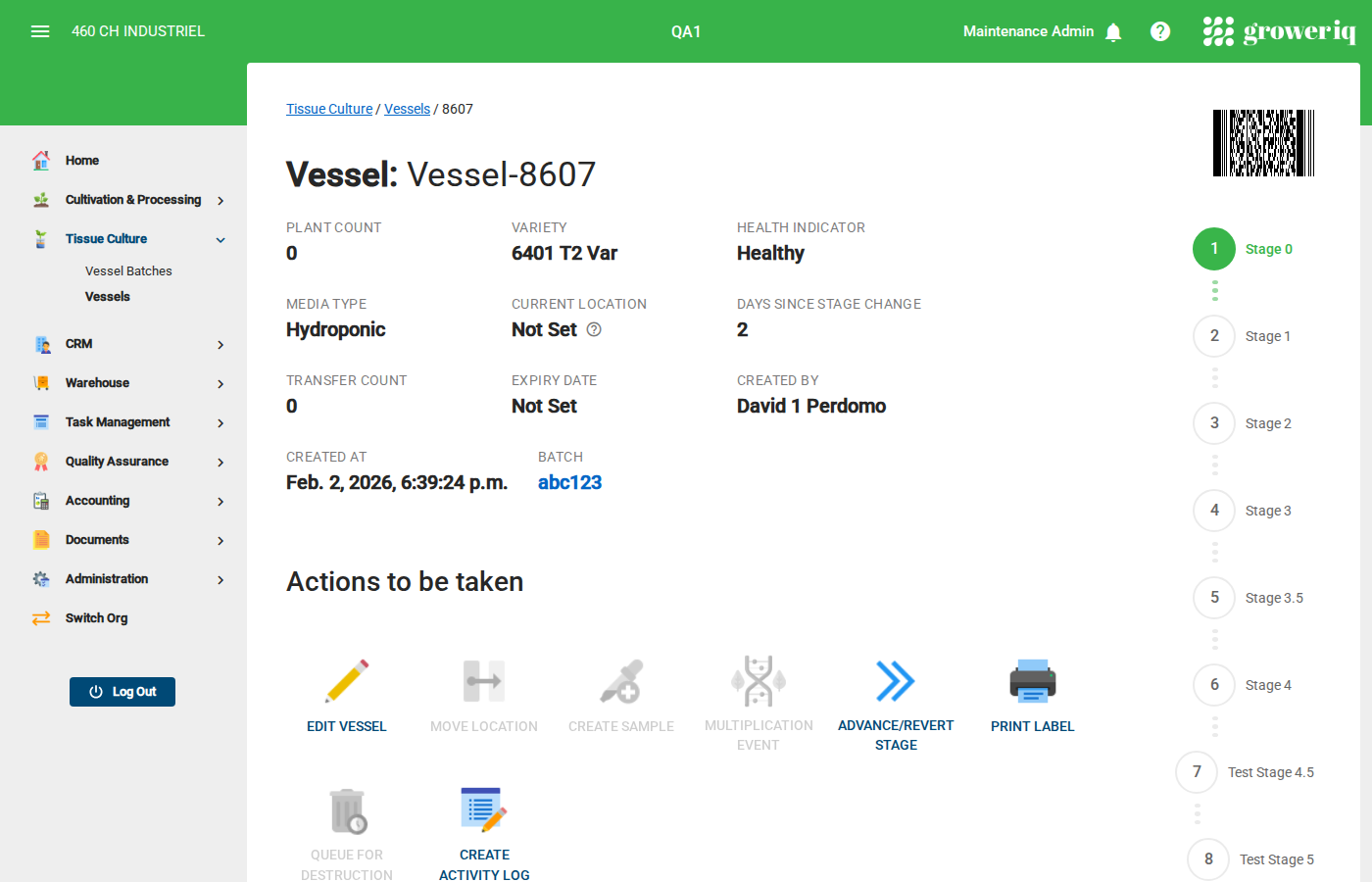 Step 5: A vessel detail page showing properties, stage chart, and action buttons