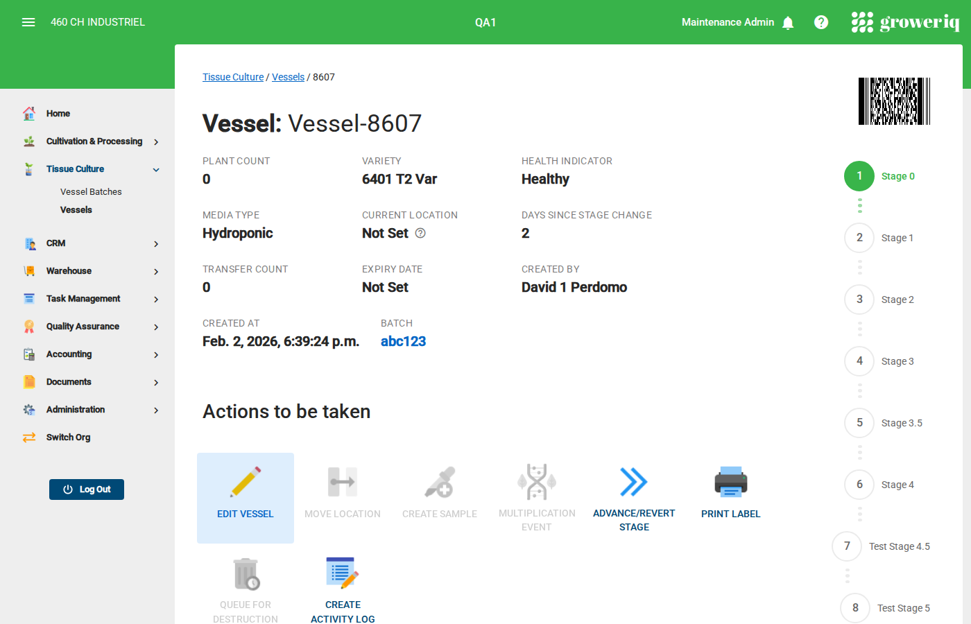 Step 5: Click Print Label to generate a printable barcode label for the vessel