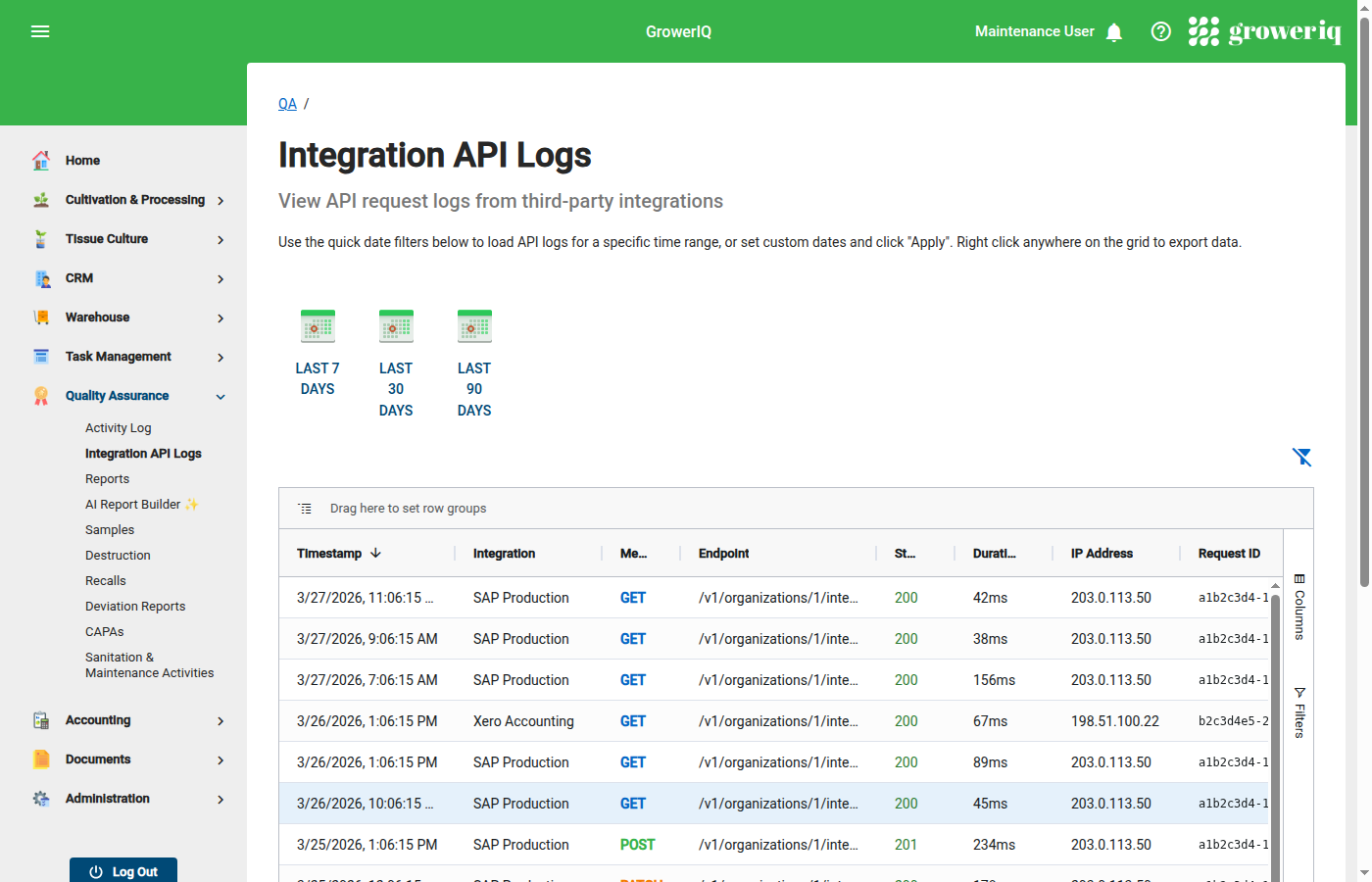 Integration API Logs grid showing timestamps, integrations, methods, endpoints, and status codes