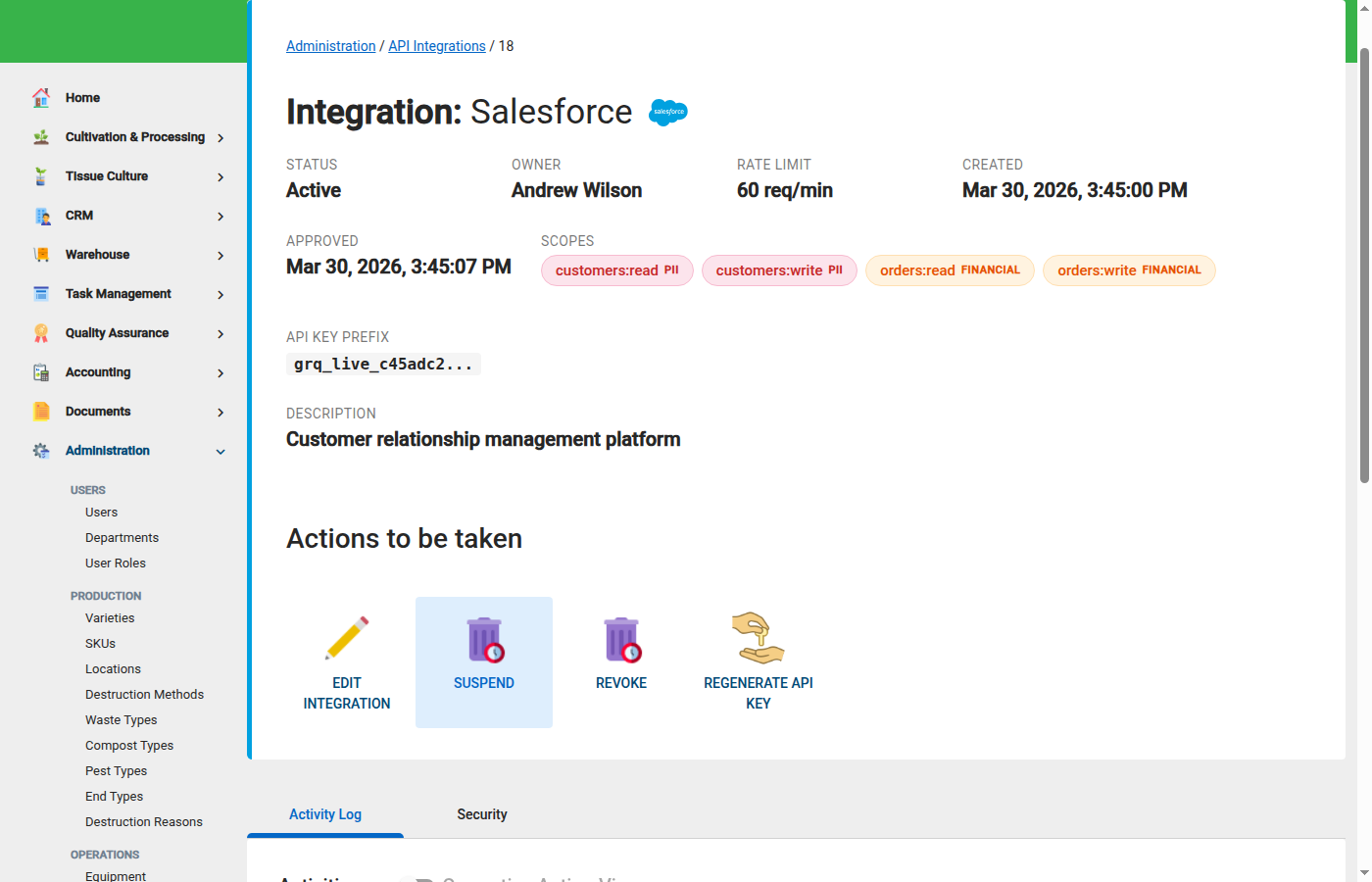 Integration detail showing the API key prefix and scope badges