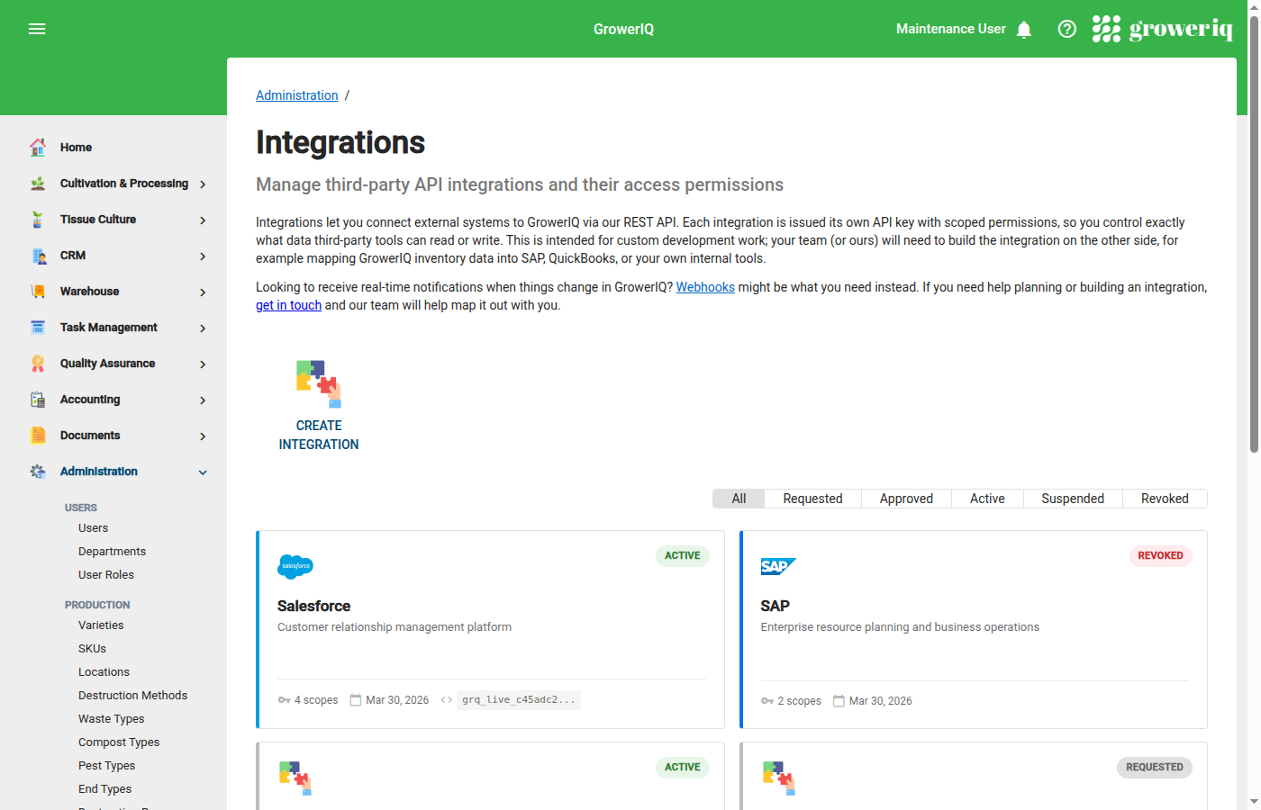Integration list page showing vendor cards with status filters