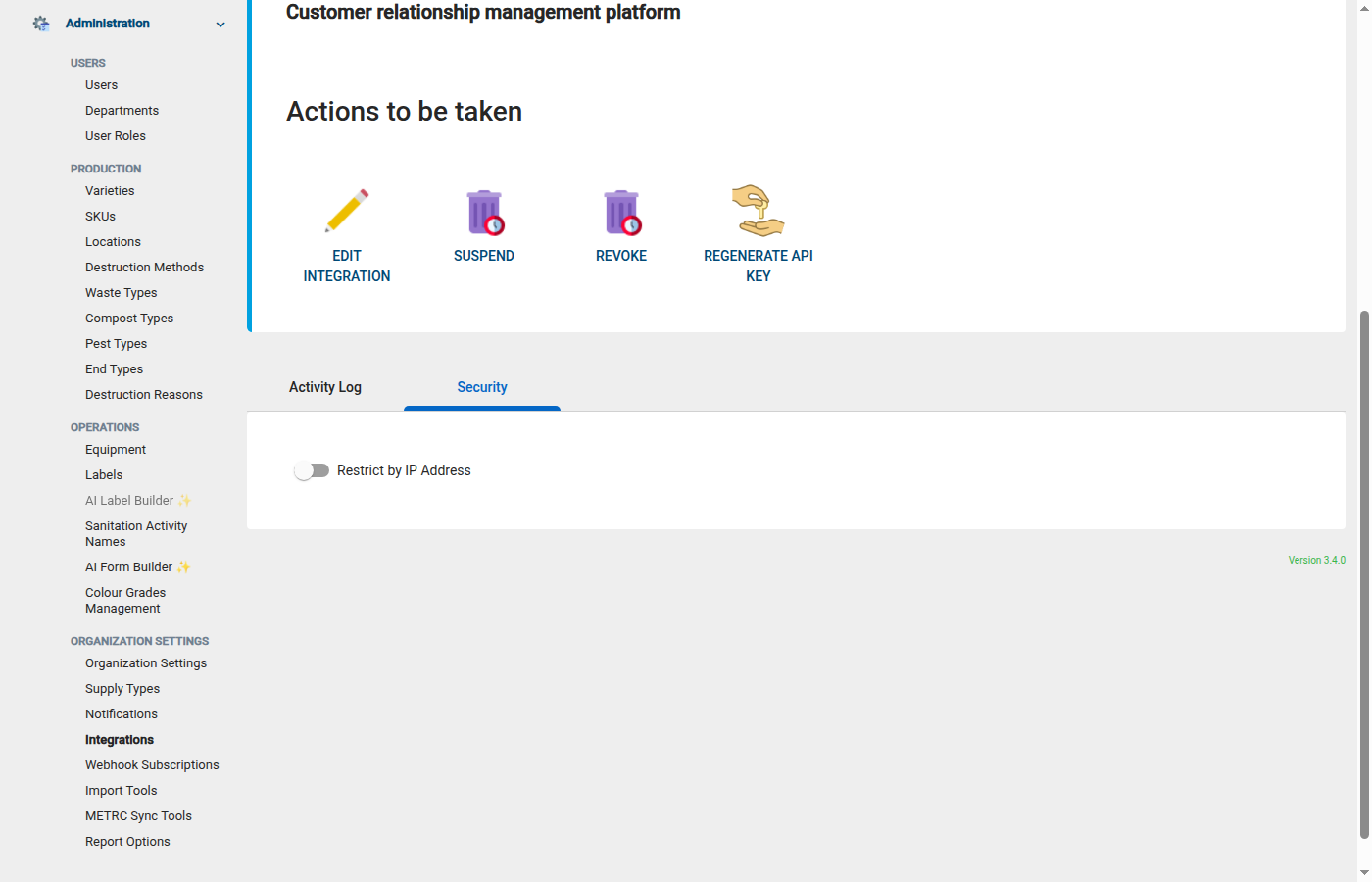 Integration Security tab showing IP address restriction toggle and lifecycle action buttons
