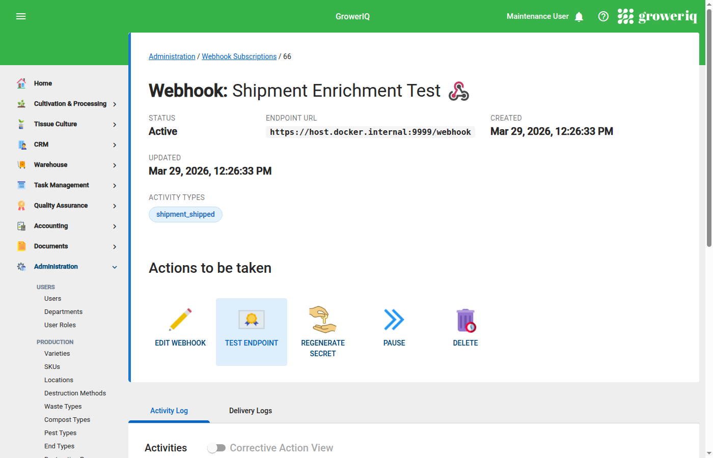 Webhook detail page showing endpoint URL, activity types, and delivery logs tab