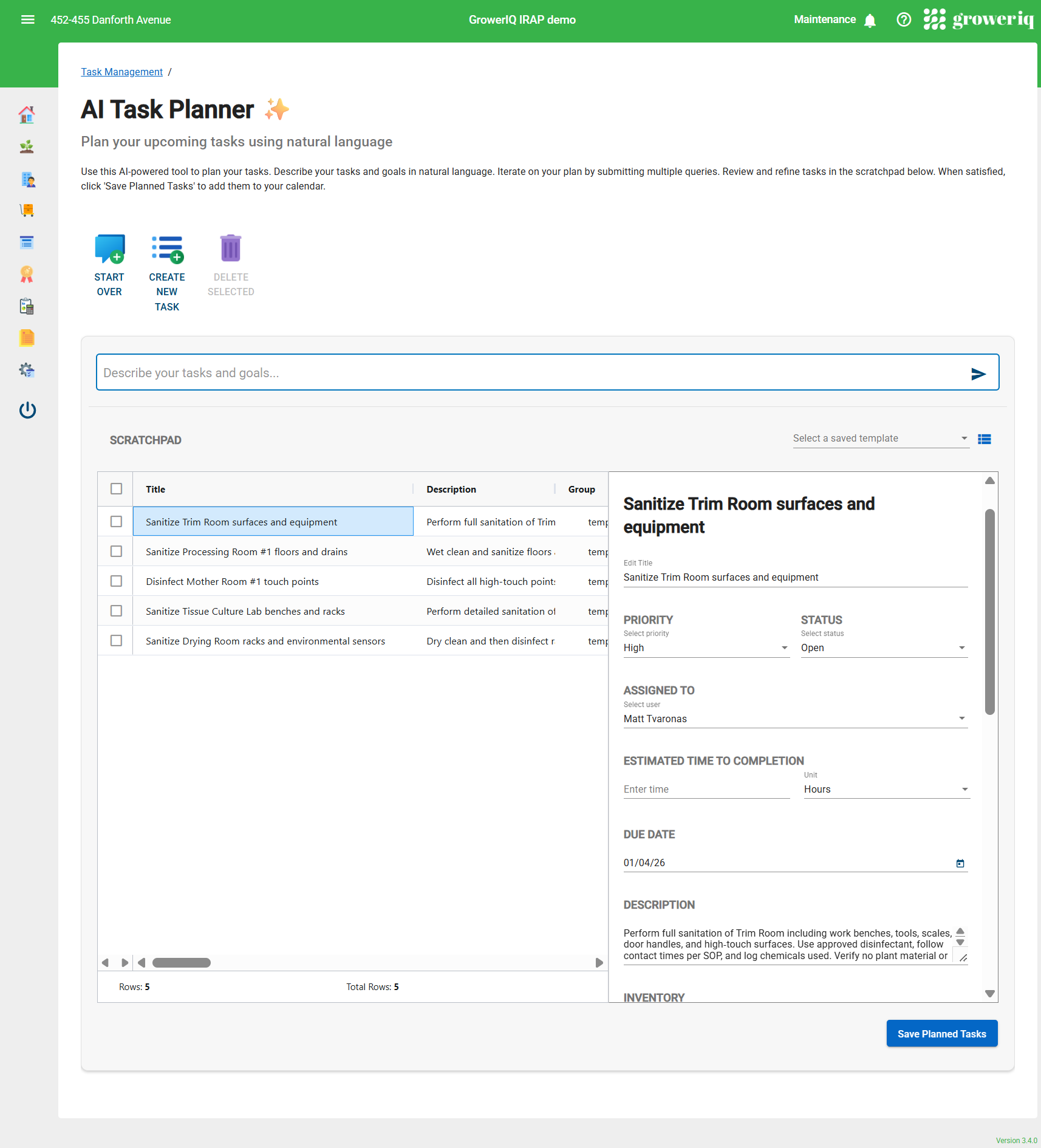 AI Task Planner scratchpad with generated task assignments and detail panel