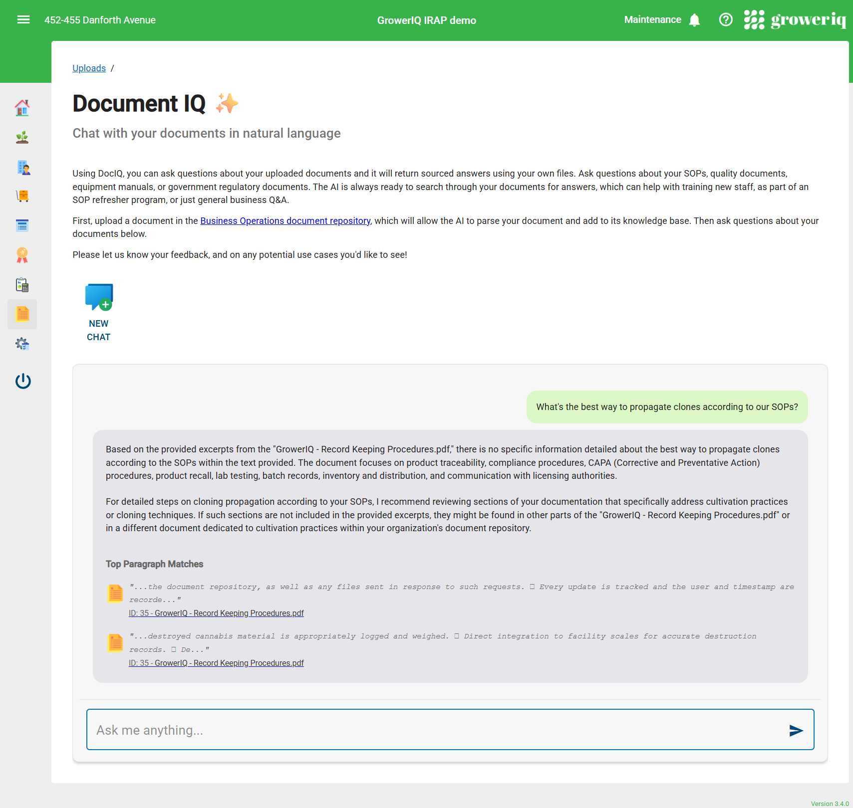 Document IQ chat interface with AI-powered document search and source citations