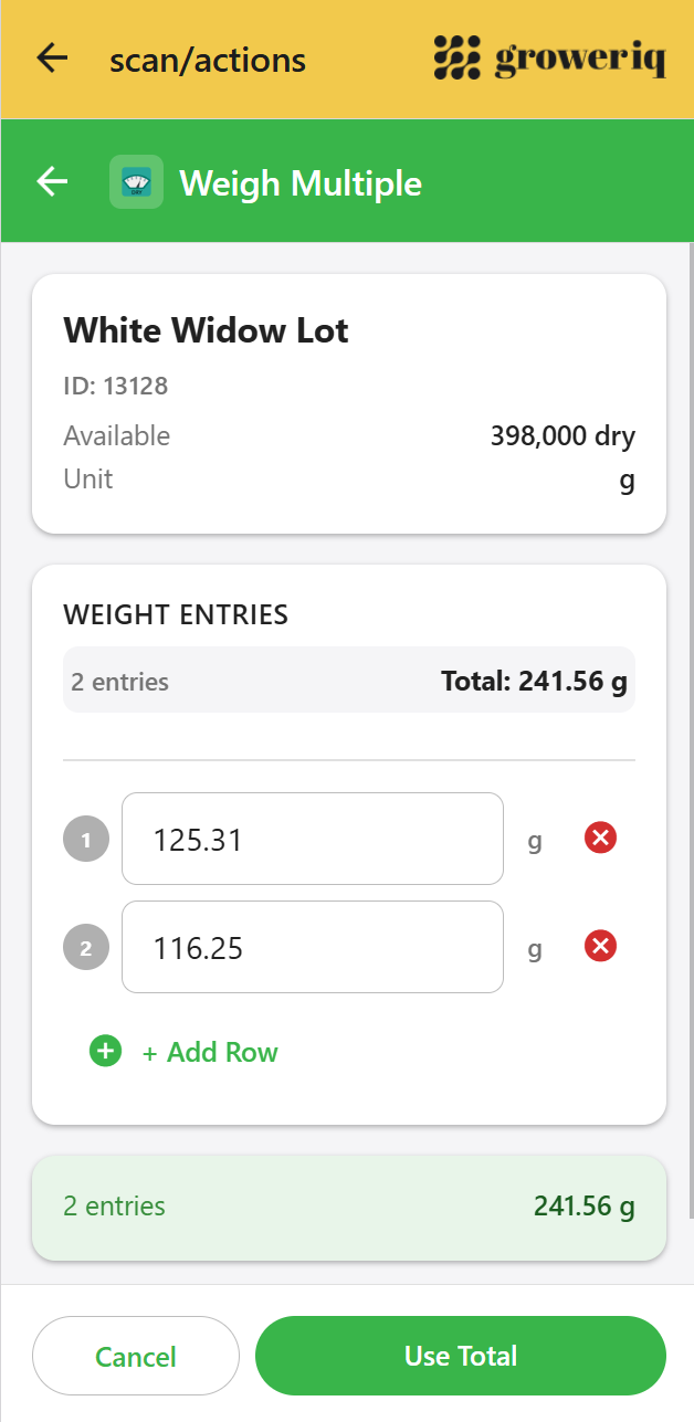 Cannabis mobile scanner app multi-weight capture screen