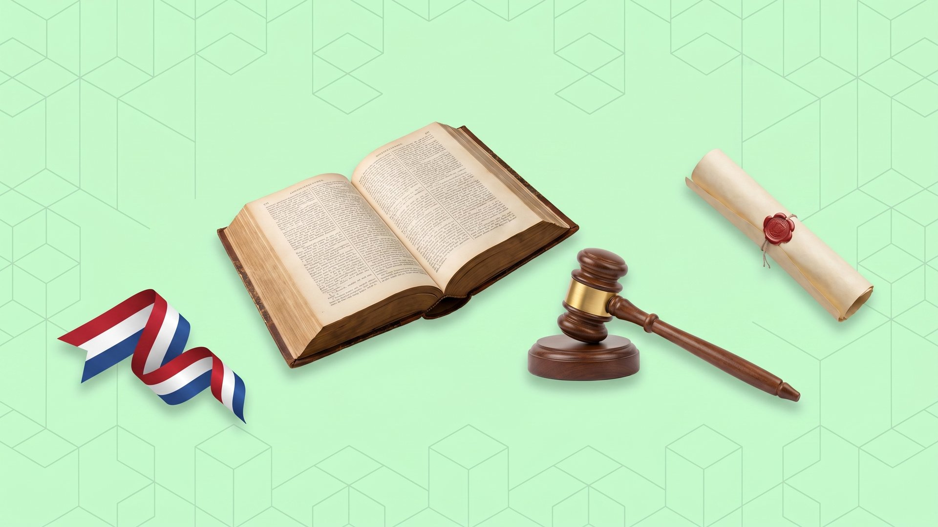 Dutch legal book, gavel, Netherlands flag ribbon and compliance scroll on pastel green background