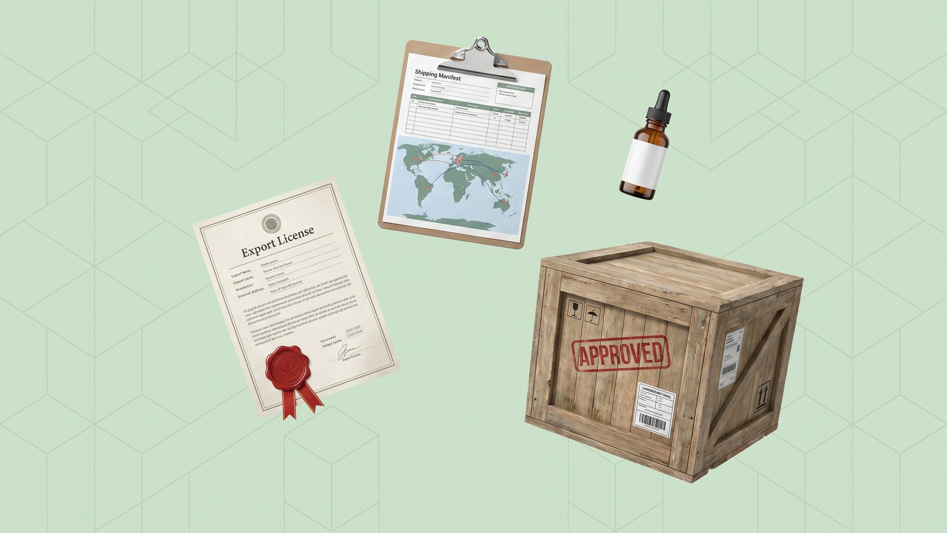 NZ cannabis export licence documents with customs approved stamp and shipping manifest