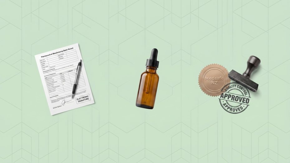NZ cannabis GMP Medsafe manufacturing batch record with quality control stamp