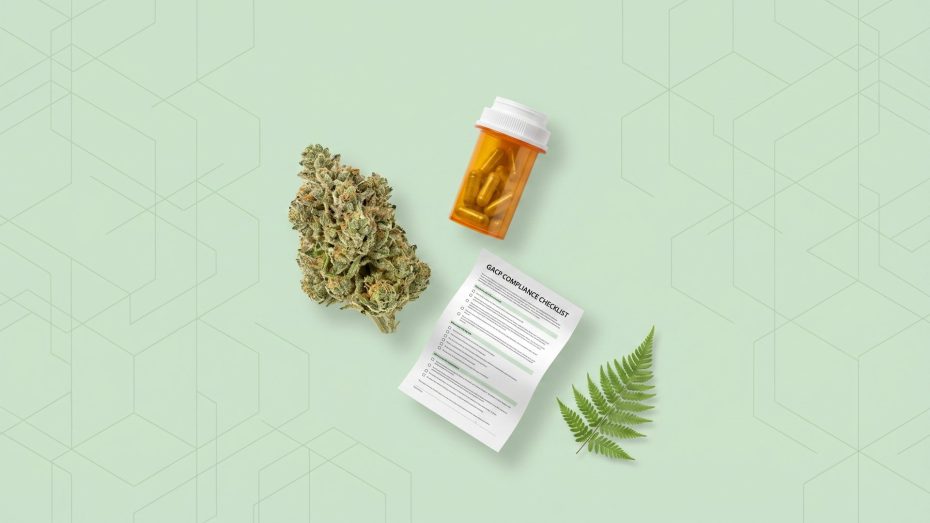 NZ medicinal cannabis compliance checklist with GACP document, cannabis flower, and silver fern