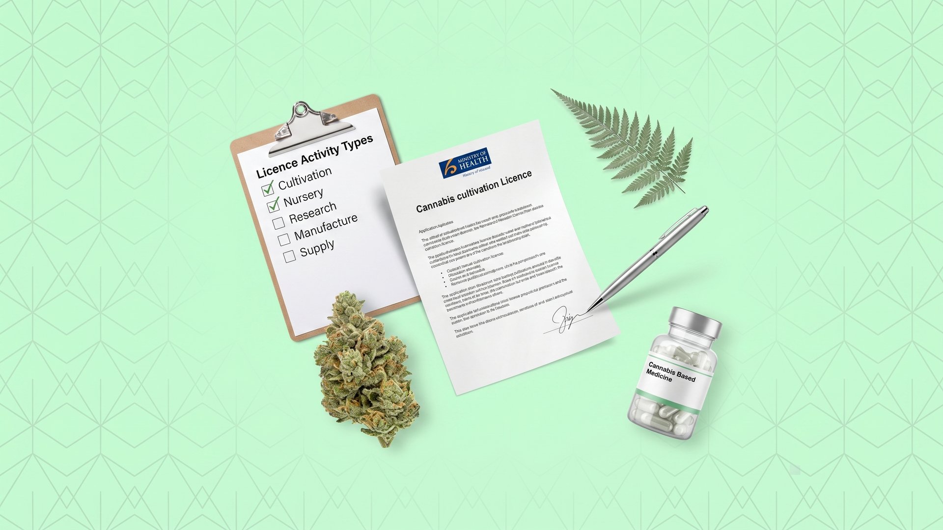 NZ cannabis licence documents with cannabis flower and silver fern