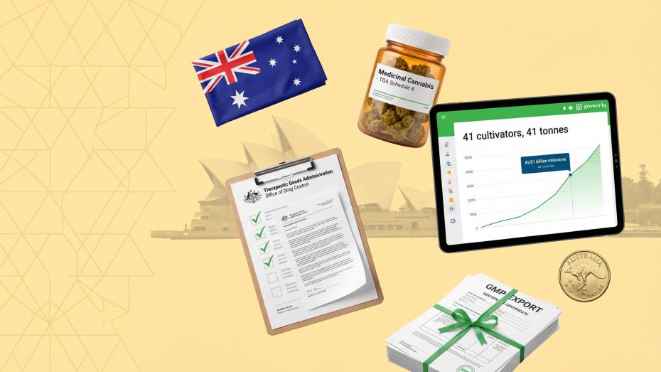 Australia cannabis market 2025: 41 cultivators, 41 tonnes, AU dollar 1 billion milestone, GIQ tablet rising chart, Sydney Opera House silhouette, Australian flag with Southern Cross, TGA Schedule 8 medicinal cannabis jar, TGA Office of Drug Control clipboard, GMP export certificates, kangaroo coin