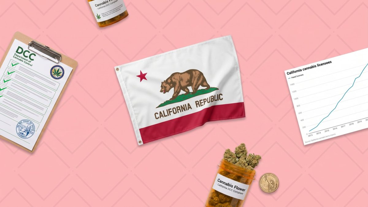 California cannabis license 2026: Department of Cannabis Control DCC clipboard with state seal, California Republic Bear flag, rising California cannabis licensees chart, DCC compliant cannabis flower jar, US dollar coin