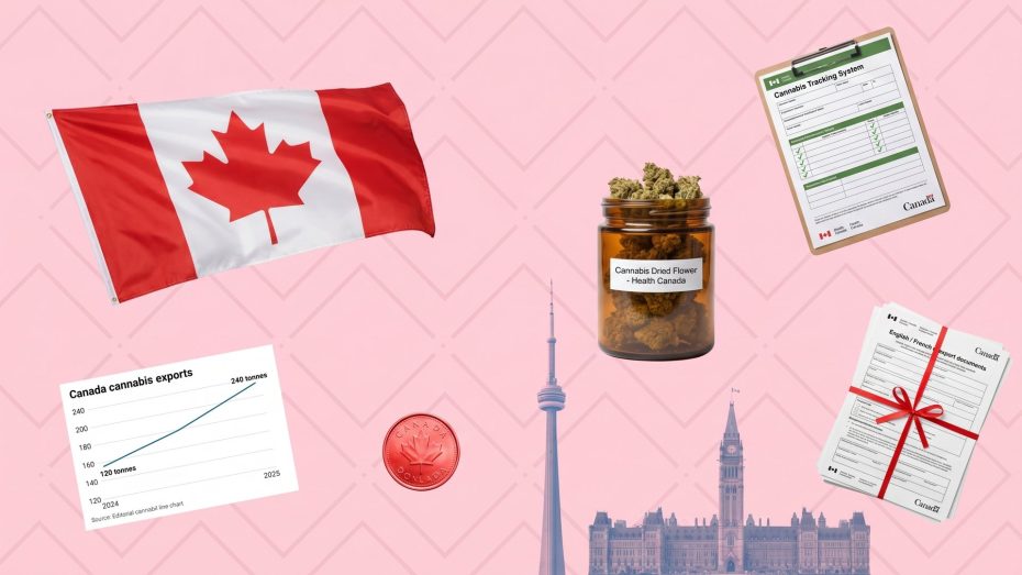 Canada cannabis exports 2025: 240 tonnes shipped, prominent red maple leaf flag, Health Canada Cannabis Tracking System clipboard, CN Tower and Parliament Hill silhouette, dried cannabis flower jar, English French export documents with red ribbon, red maple leaf dollar coin, rising export tonnage chart