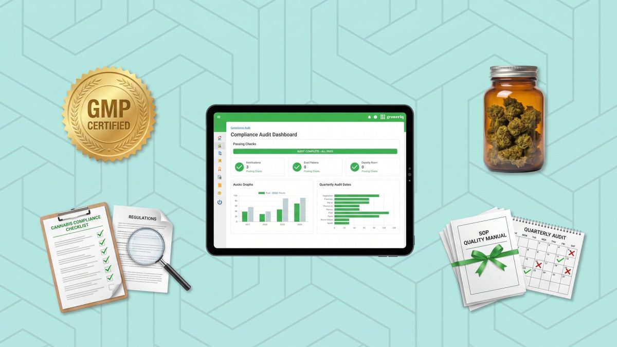 Cannabis compliance consulting with GrowerIQ: GMP certified seal, cannabis compliance checklist, audit dashboard tablet, SOP and quality manual stack, quarterly audit calendar