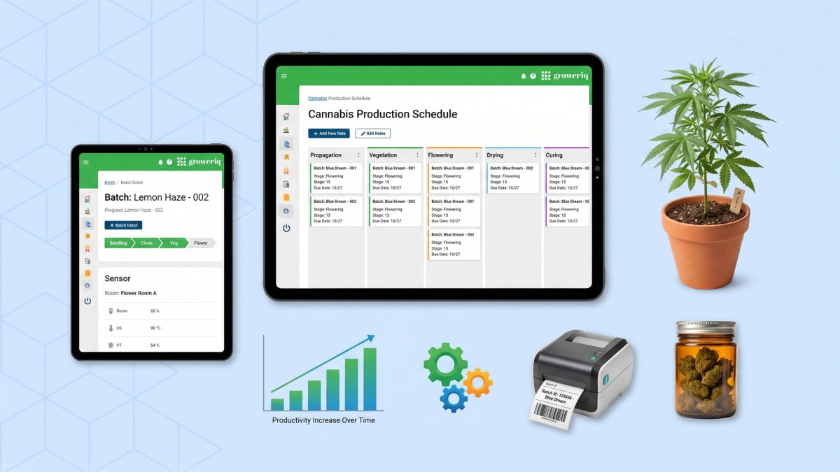 Cannabis production management software with GrowerIQ: production schedule kanban tablet with batch cards across propagation, vegetation, flowering, drying, curing stages, batch detail tablet, cannabis plant in pot, productivity bar chart, gear cogs, barcode label printer