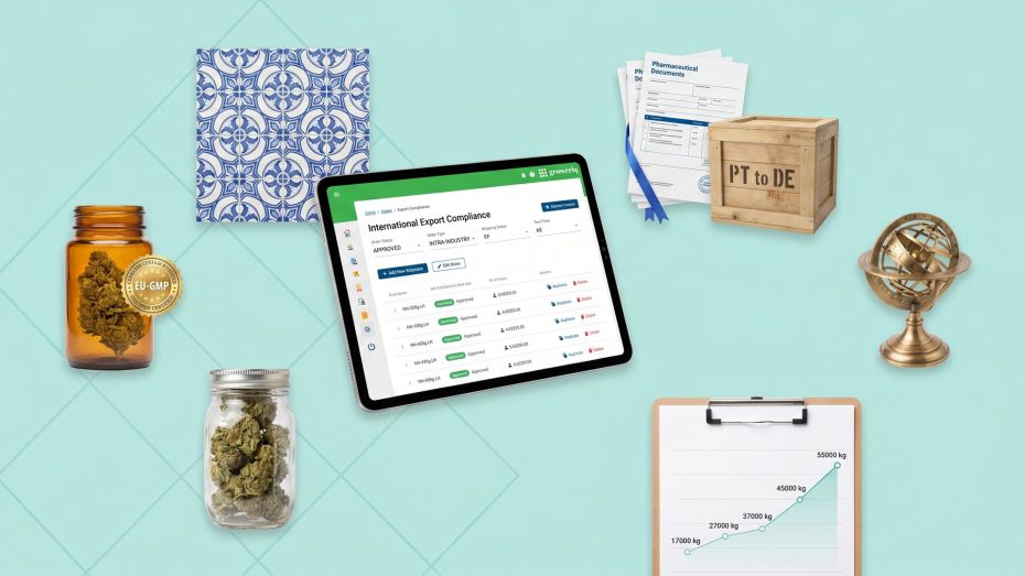 Portuguese cannabis exports to Germany 2025: EU-GMP certified seal, amber pharmaceutical jar of dried cannabis flower, PT to DE shipping crate, azulejo tile and rising export chart
