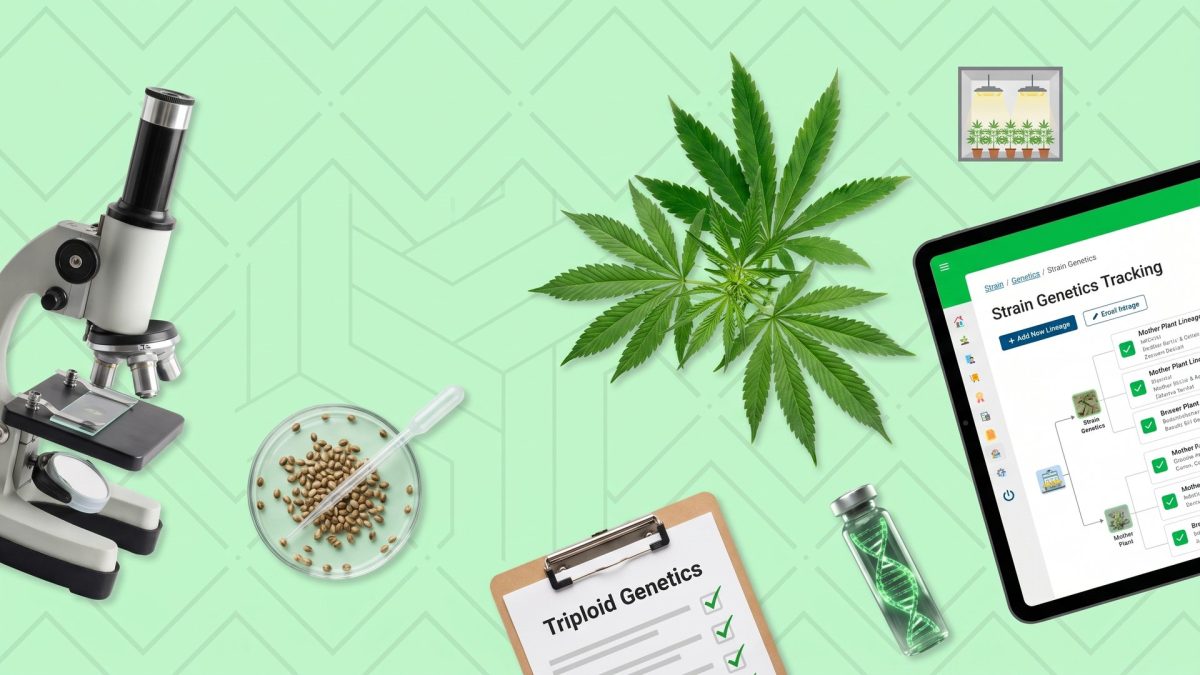 Triploid cannabis genetics: microscope, cannabis fan leaf, petri dish with seeds and pipette, triploid genetics clipboard, GrowerIQ strain genetics tracking tablet with mother plant lineage, DNA helix vial