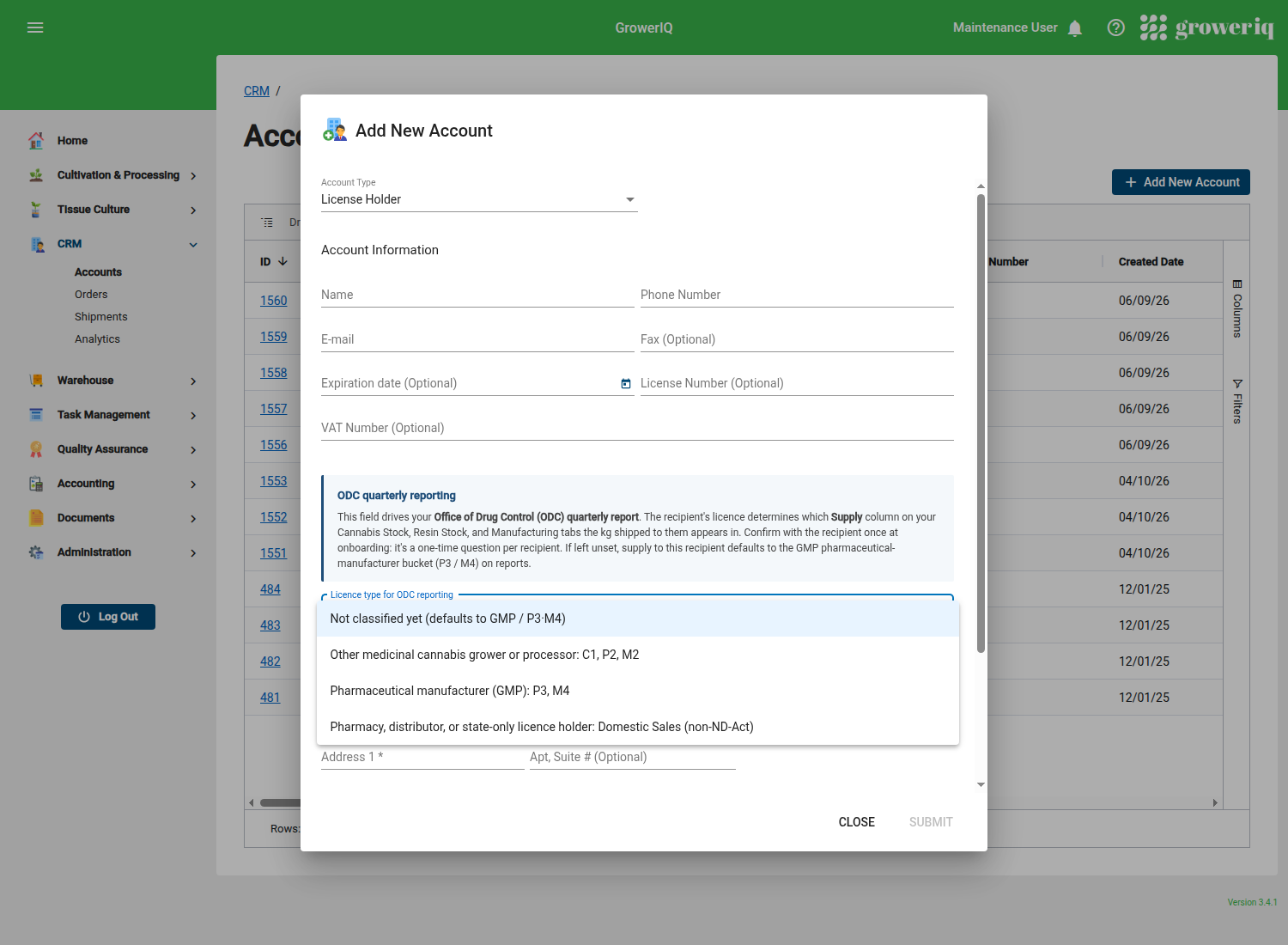 ODC cannabis reporting template recipient licence-type dropdown in GrowerIQ
