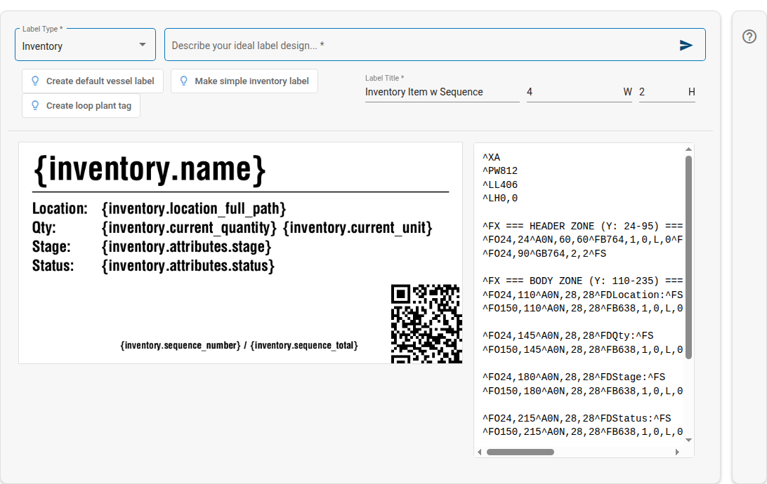 AI Label Builder editor showing label type, size, and the live preview