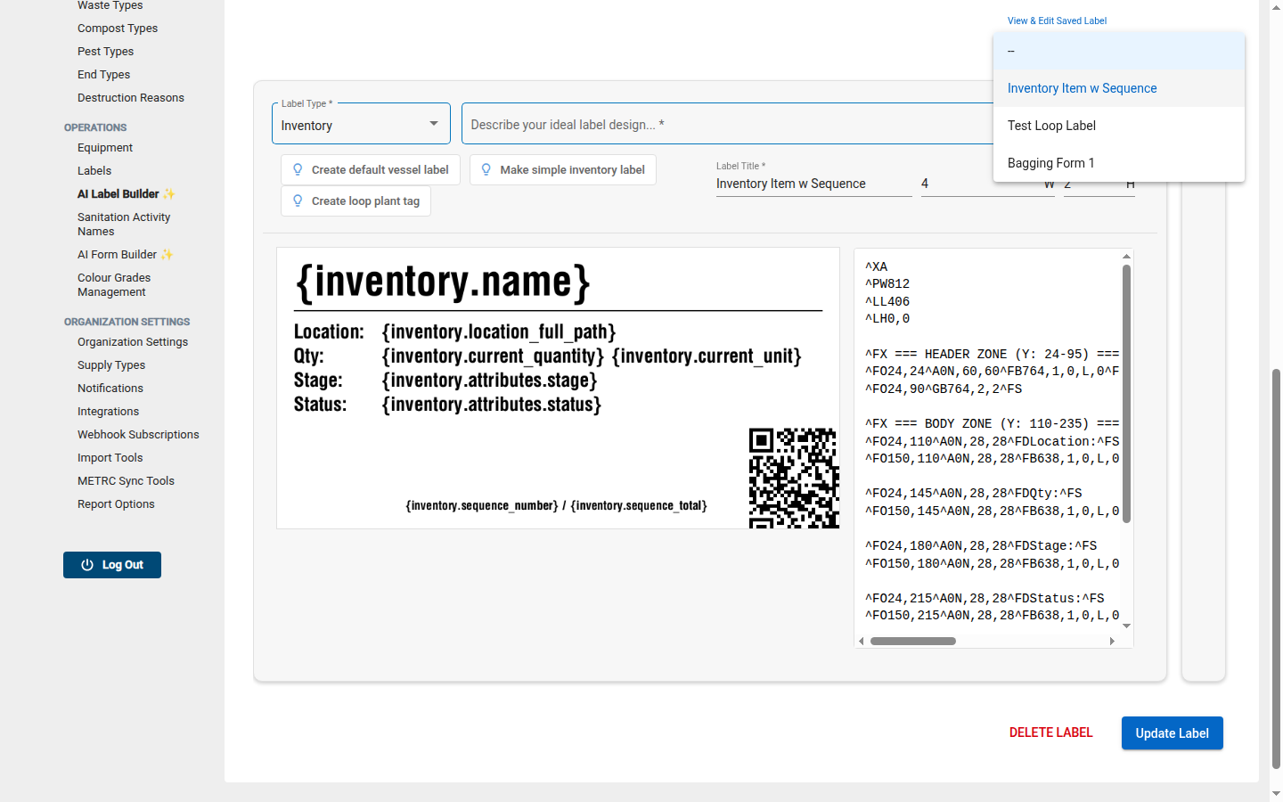 View and Edit Saved Label dropdown with Update and Delete buttons