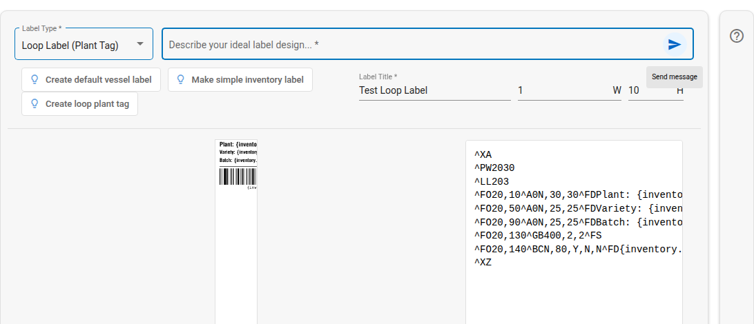 A loop label (plant tag) in the AI Label Builder