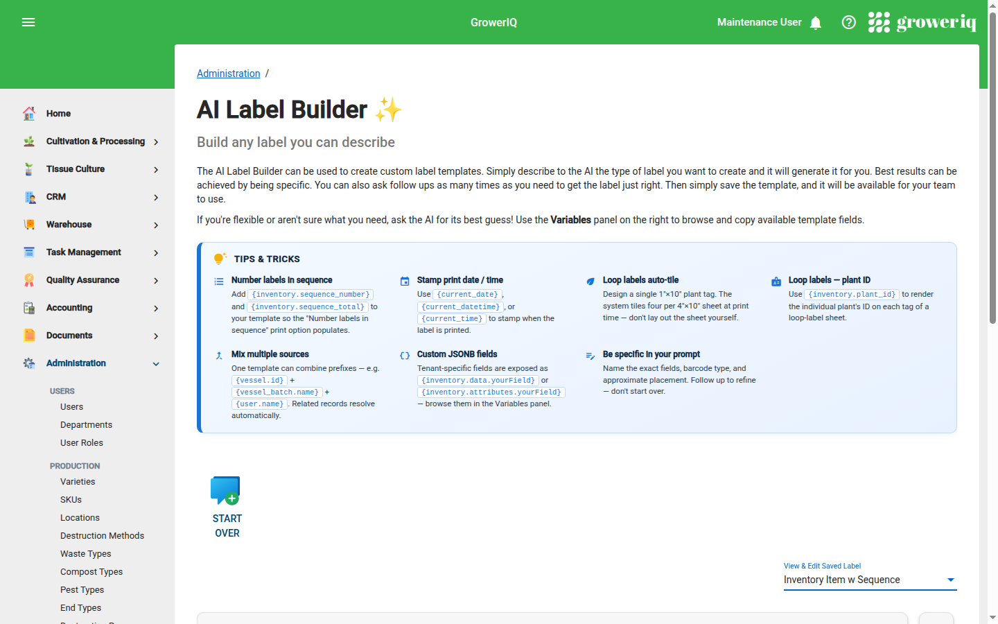 AI Label Builder page under Administration in GrowerIQ