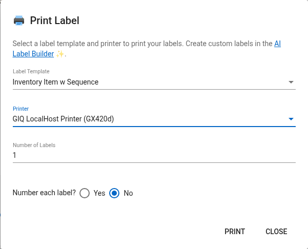 Print Label dialog with a template and printer selected