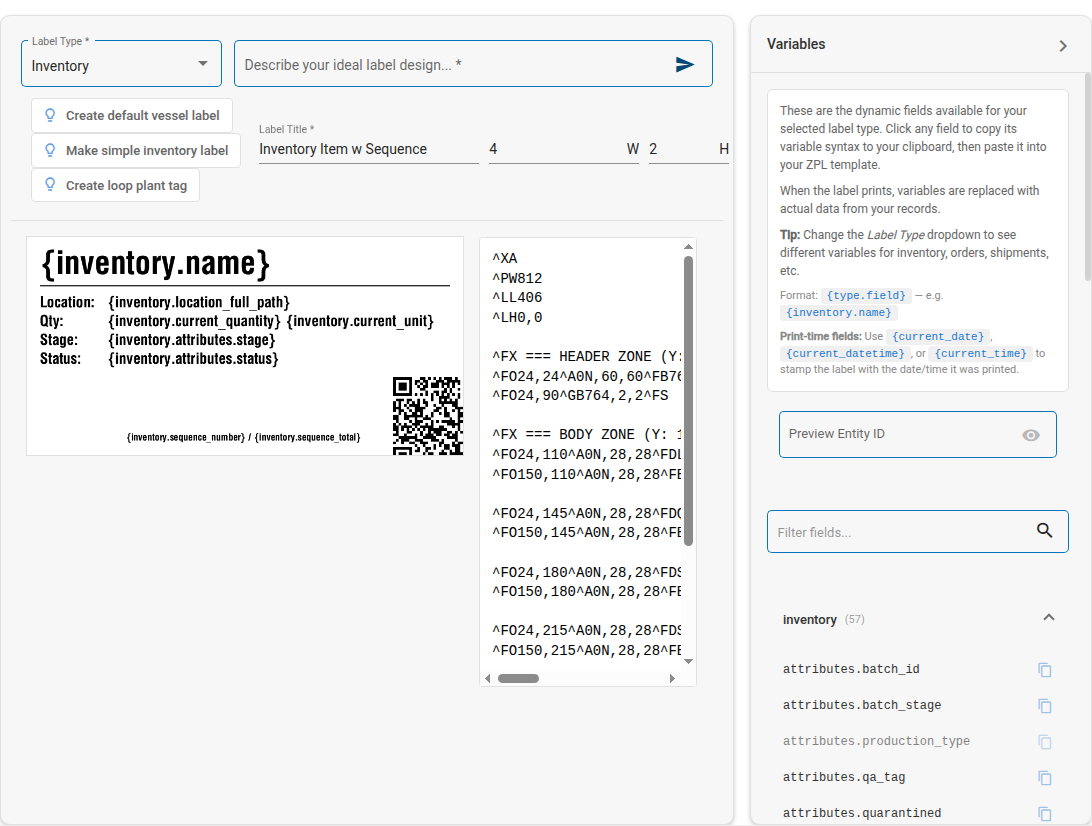 Variables panel open in the AI Label Builder