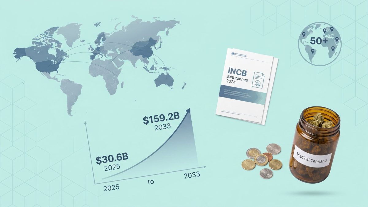 Global medical cannabis market 2025: world map with growth curve from $30.6 billion in 2025 to $159.2 billion by 2033, INCB 549 tonnes 2024 report, a 50+ countries globe and a Medical Cannabis jar