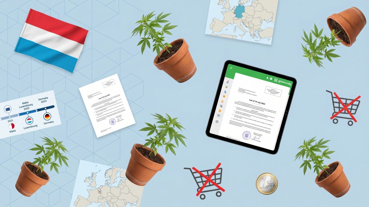 Luxembourg cannabis home growing law: Luxembourg flag, four cannabis plants in home pots, EU cannabis policy timeline Malta 2021 Luxembourg 2023 Germany 2024, crossed-out retail carts for no commercial sale, and a euro coin