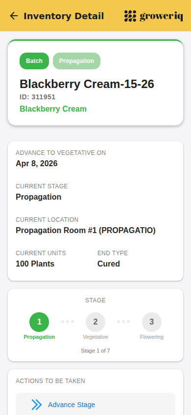Inventory detail screen showing a batch, its stage, and the available actions