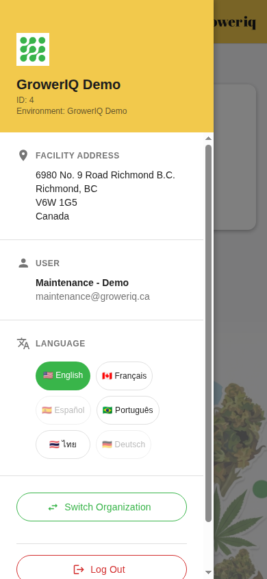 Settings drawer Language section showing the available languages