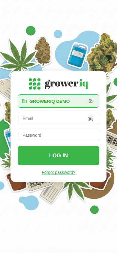 Mobile Scanner login screen with the organization badge, email and password fields