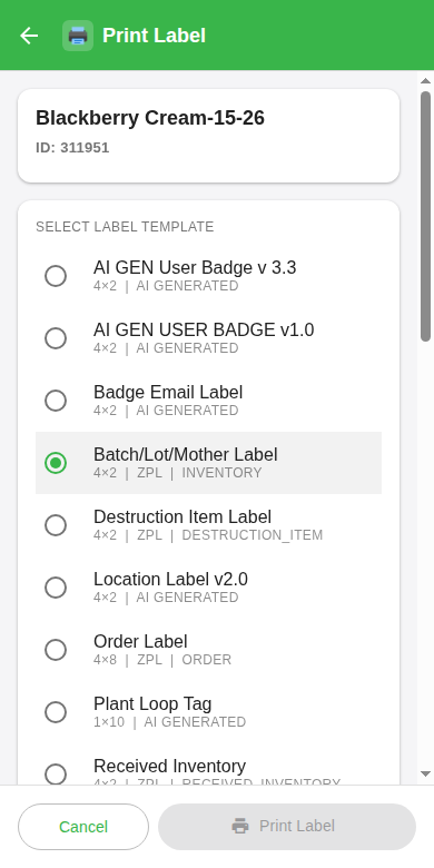 Print Label screen with the list of label templates