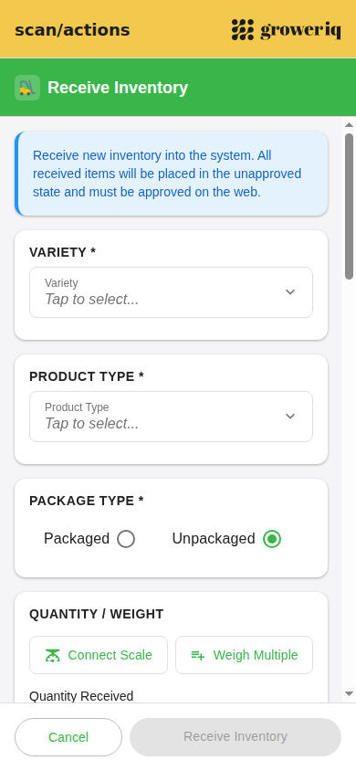 Receive Inventory form on the GrowerIQ Mobile Scanner
