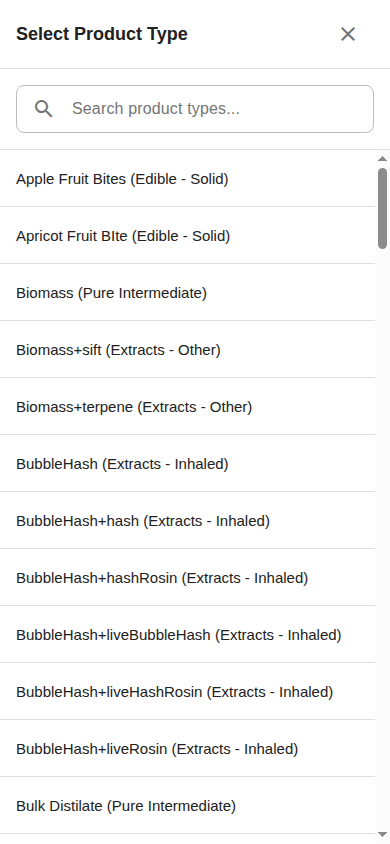 Searchable Product Type dropdown listing every product type on the site