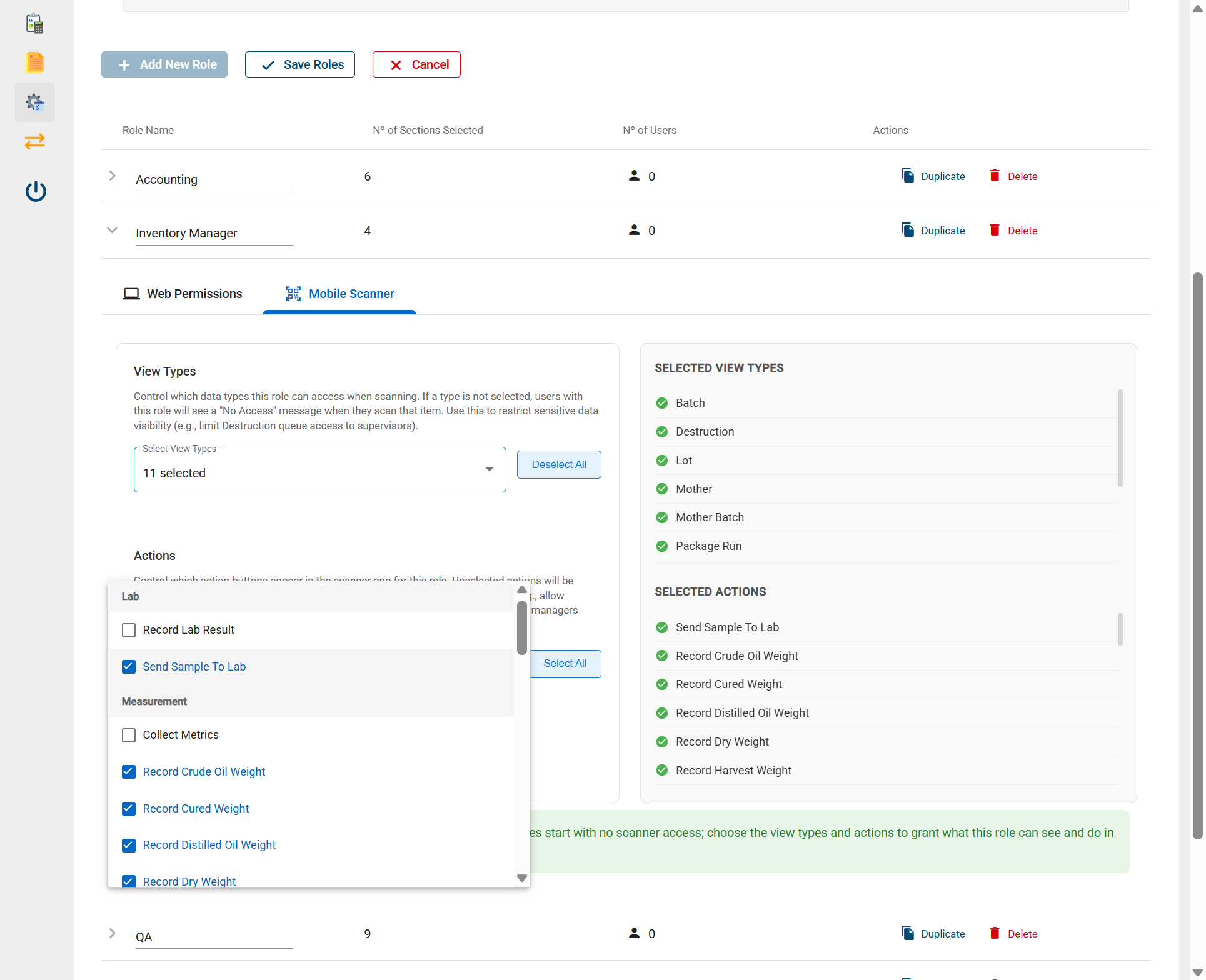 The User Roles screen in the GrowerIQ web app, Mobile Scanner tab, showing View Types and Actions selectors with the selected views and actions listed on the right