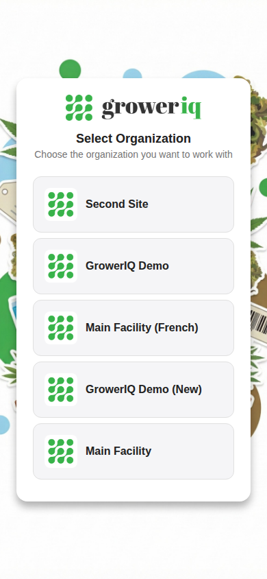 Select Organization screen listing the organizations you can work in