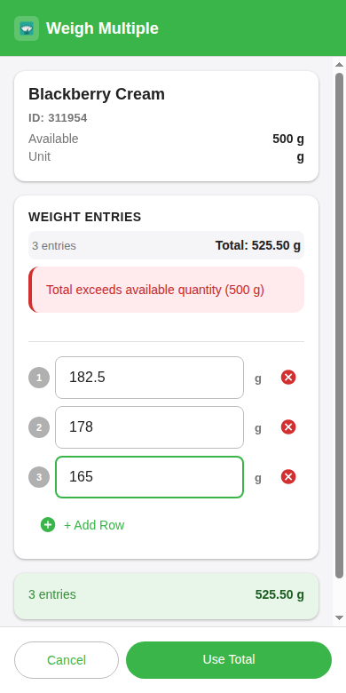 Weigh Multiple screen summing several bag weights into one total